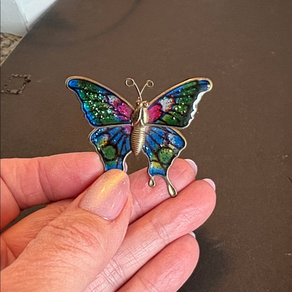Vintage Enamel Butterfly Brooch Colorful Gold Tone Statement Pin - Picture 2 of 4